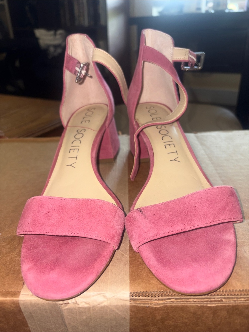 Sole Society Pink Suede Block Heel Sandals with Ankle Strap